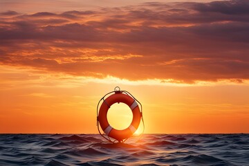 orange lifebuoy floating at sea sunset sunrise - obrazy, fototapety, plakaty
