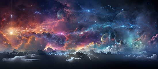 Fototapeta na wymiar An artistic representation of a vibrant galaxy with stars and clouds in the sky, creating a dreamy atmosphere. The landscape displays a beautiful mix of colors and shapes