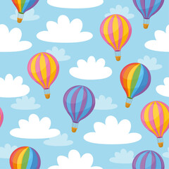 Cute childish seamless pattern. Air Balloons and clouds in the sky. Pink, blue and rainbow balloons. 