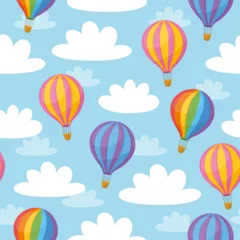 Poster Luchtballon Cute childish seamless pattern. Air Balloons and clouds in the sky. Pink, blue and rainbow balloons. 