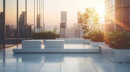 Contemporary rooftop featuring a matte white sitting area on a polished concrete floor, facing the city, window reflecting warm ambient light. generative AI