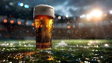 Beer glass with foam in front of a football stadium before a match starts creating an exciting sporting atmosphere. Concept Beer glass, Football stadium, Pre-match excitement, Sports atmosphere