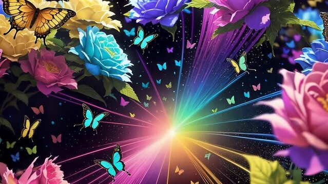 colorful bright flowers and butterflies on a black background in glowing colored rays. ai.