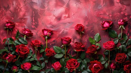 Red Roses Framing Textured Red Background for Romance.