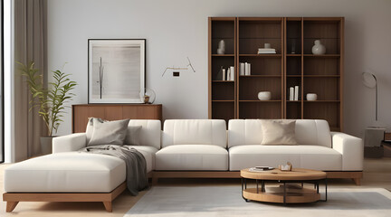 White minimal living room design. white color wall , white ceiling, white minimal sofa against white wooden bookshelf, white interior lightened .Modern living room.