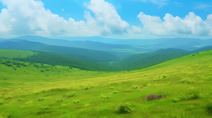 A Animal Runs On The Hill Side, In The Style Of Japanese Minimalism - A Green Field With Hills And Blue Sky - 763203830