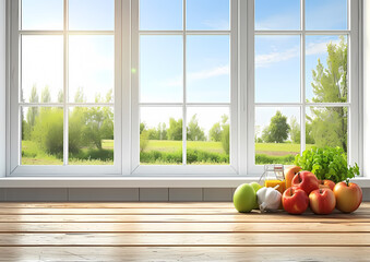 Wooden Table View In A Countryside Kitchen With The View On A Window And A Garden - A Group Of Fruits On A Table - 763203831