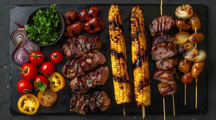 Summer BBQ Feast: Flatlay of Grilled Shish Kebab, Corn Salad, Fried Chicken, Steak, Sausages, and...