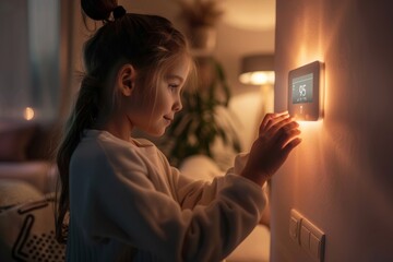 A young girl, standing in a cozy living room with soft, ambient lighting, intently looking at a smart thermostat mounted on a wall. She is adjusting the temperature, smart home technology. - obrazy, fototapety, plakaty