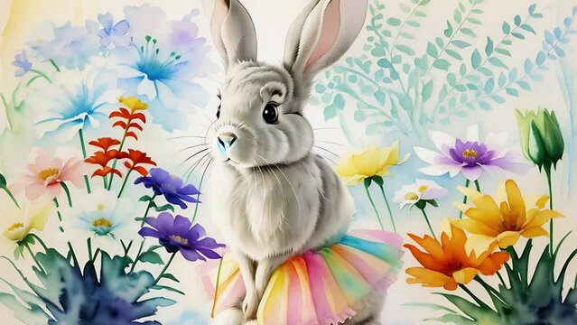 cute rabbit in a colorful skirt among flowers.