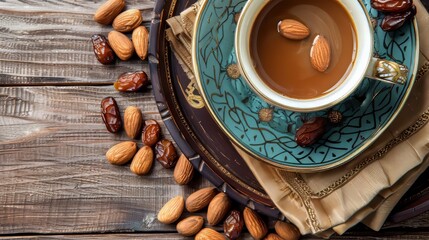 A cup of coffee with a side plate holding almonds, creating a satisfying combination of hot...