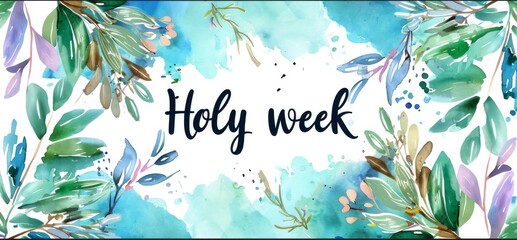 Holy week calligraphy text with abstract painted splash background and leaves