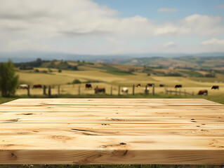 Empty Wooden Table Rustical Style For Product Presentation With A Blurred Cows On Grass In The Background - A Wooden Table With A Field Of Cows In The Background