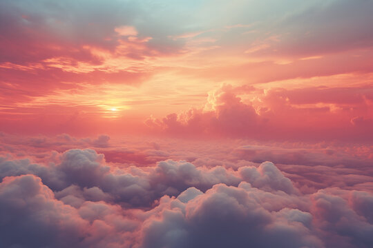 Generated background image of sky above clouds with colorful pink sunset copy space