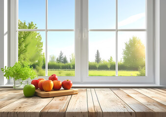 Wooden Table View In A Countryside Kitchen With The View On A Window And A Garden - A Table With Fruit On It - 763204456
