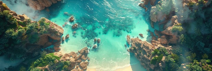 Fototapeta na wymiar Aerial view of turquoise sea and rocky coast - A breathtaking aerial shot capturing the vibrant turquoise waters bordered by a rough, rocky coastline and lush greenery