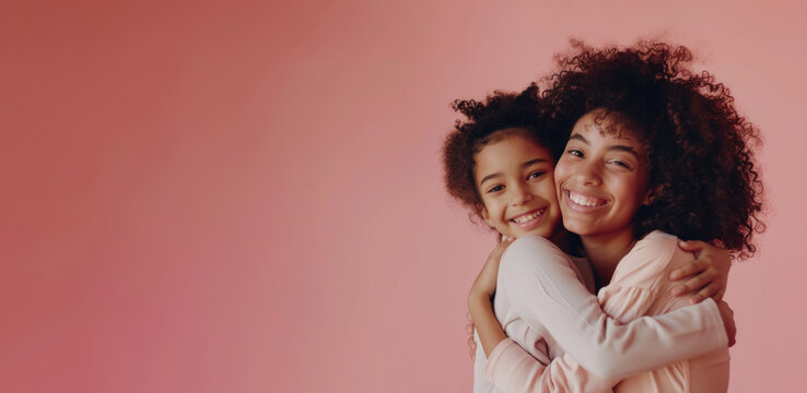 African American Mom And Daughter Hugging, Pink Background, Mother's Day Wallpaper With Copy Space, Studio Photo