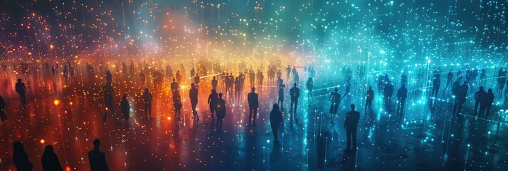 Crowd of people with sparkles and lights - A vibrant and energetic illustration of numerous people with sparkles and lights symbolizing ideas and connectivity - obrazy, fototapety, plakaty