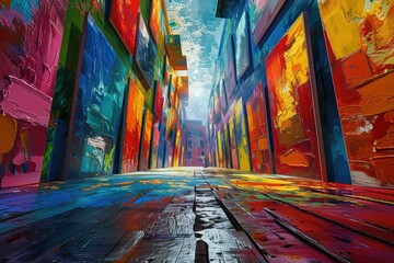 Colorful street painting with vibrant abstract walls - A dynamic composition of a street with brightly colored abstract painted walls and wet reflection