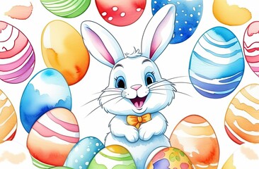 Cartoon funny bunny smiles, surrounded by Easter eggs. Easter card, with space for text