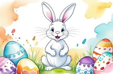 Cartoon funny bunny smiles, surrounded by Easter eggs. Easter card, with space for text