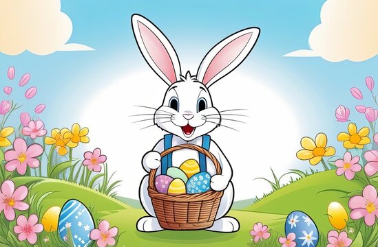 Cartoon funny bunny smiles, holding a basket with Easter eggs. Surrounded by small flowers. Easter card, with space for text