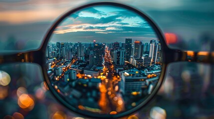 View through a magnifying glass on the modern city at night.