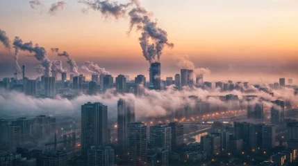 Tuinposter Aerial view of a smoggy city at sunset with pollution © LAYHONG