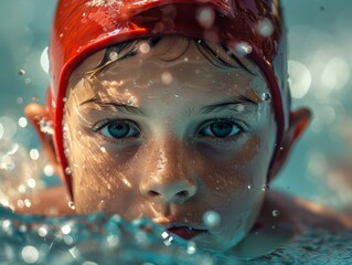 Child Swimmer in Red Suit on Background