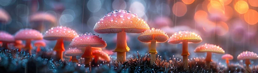 Foto op Plexiglas A closeup of a towering mushroom forest Dewdrops hang from the caps like glistening pearls A slice of a giant, rainbowcolored mushroom reveals a portal to another dimension © inferno