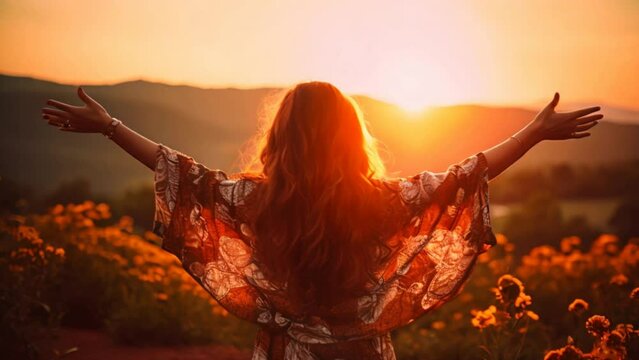 Happy woman standing with her back on sunset in nature