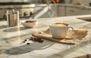 A steaming cup of coffee sits on a marble countertop, bathed in sunlight, with a scatter of beans and a cozy kitchen backdrop - obrazy, fototapety, plakaty