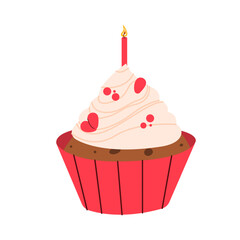 Flat vector illustration of a festive cupcake with candles on a white background, bakery products, cupcakes. Happy Birthday.