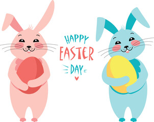 A pair of rabbits with an Easter egg. Vector characters in flat style isolated on transparent background.