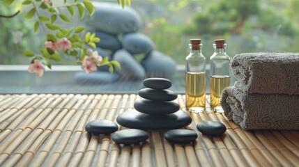 Wellness spa setting with smooth, hot stones arranged on a bamboo mat. Peaceful zen garden visible through a window, enhancing the atmosphere of relaxation and rejuvenation.