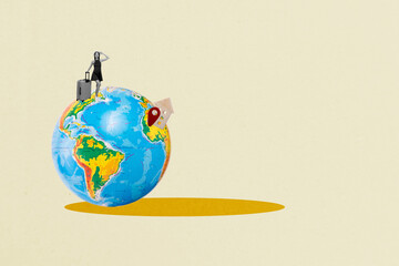 Trend artwork sketch image composite 3D photo collage of young lady hold baggage in hand look straight find gps point vacation trip