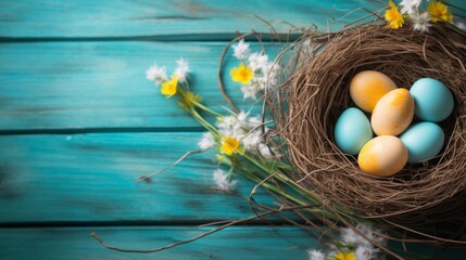 Nest with blue easter eggs on blue wooden table. Blue easter eggs in nest on blue wooden background