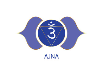 Third eye chakra Ajna logo template. The sixth frontal chakra, sacral sign meditation, yoga blue and purple round mandala icon vector isolated on white background 