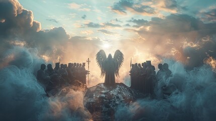 3D render,3D Illustrate Bear witness to a solemn ceremony as the angel of death presides over a circle of humans - obrazy, fototapety, plakaty