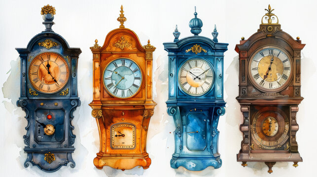 A set of clocks in watercolor