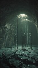 3D render,3D Illustrate Visions of eternal punishment, with chained figures in the abyss, their forms barely visible in the enveloping darkness Miraculous beyond description