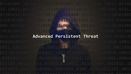 Cyber attack advanced persistent threat text in foreground screen, anonymous hacker hidden with hoodie in the blurred background. Vulnerability text in binary system code on editor program. - obrazy, fototapety, plakaty