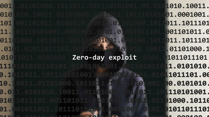 Cyber attack zero-day exploit text in foreground screen, anonymous hacker hidden with hoodie in the blurred background. Vulnerability text in binary system code on editor program.
