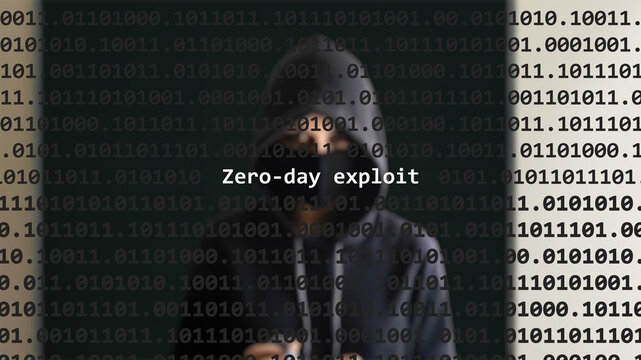Cyber attack zero-day exploit text in foreground screen, anonymous hacker hidden with hoodie in the blurred background. Vulnerability text in binary system code on editor program.