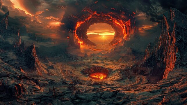 3D render,3D Illustrate A panoramic view of the abyss, showcasing the entrance to the demon realm and Gehenna, filled with foreboding atmosphere Miraculous beyond description