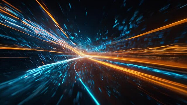 Abstract visuals of intersecting blue and orange lights depicting motion faster than the speed of light.
