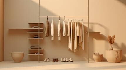 Beige clothes on a rack on beige background.