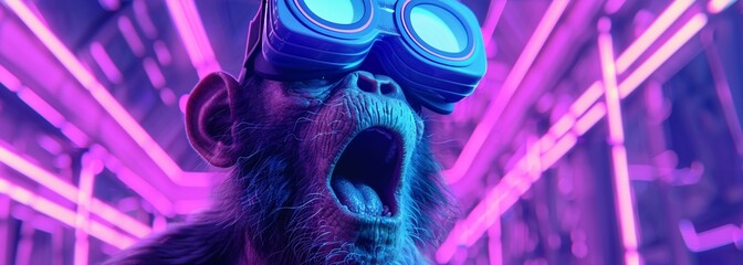Monkey wearing VR enjoying the futuristic world - obrazy, fototapety, plakaty