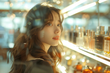 Side view portrait of romantic young girl looking at window display with perfume generated AI image