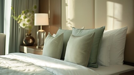 the aesthetic elements in an image capturing the intimate details of a bed, highlighting the presence of soft light green pillows and an elegant headboard